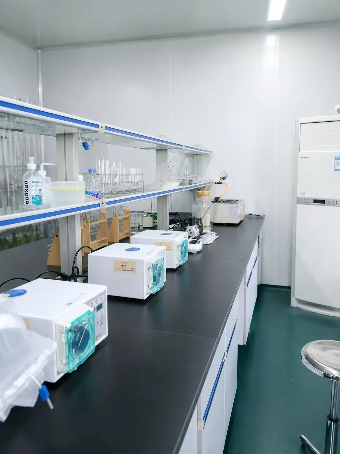 Baby care product testing lab with packaged samples on counter