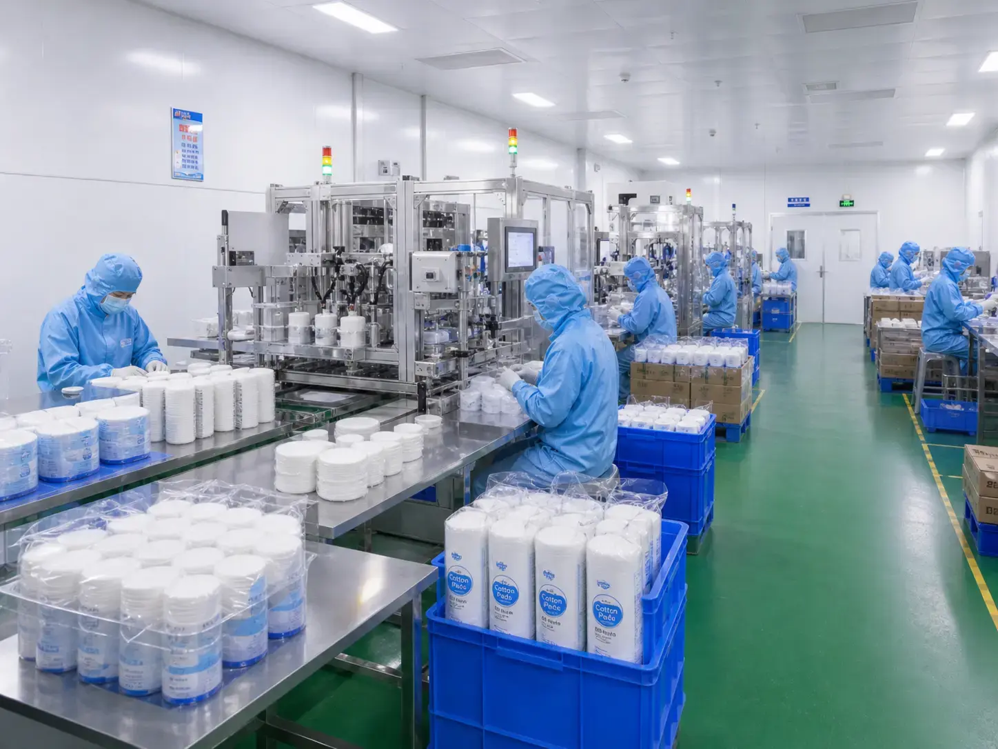 Factory workers packing products into boxes.