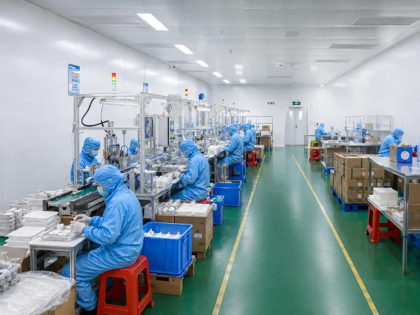 Workers in blue protective gear at assembly line