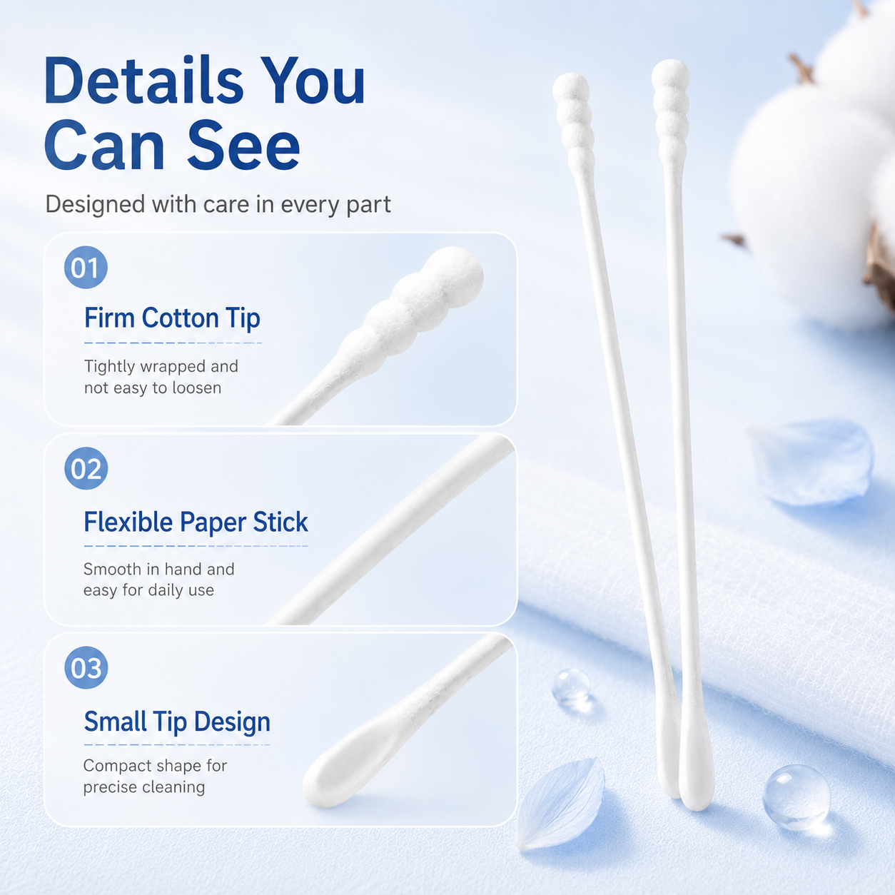 Baby 2-in-1 Dual Tip Cotton Swabs with Spiral Tip and Ear Scoop Tip, 7.8 cm - gauze head close-up for gentle cleaning