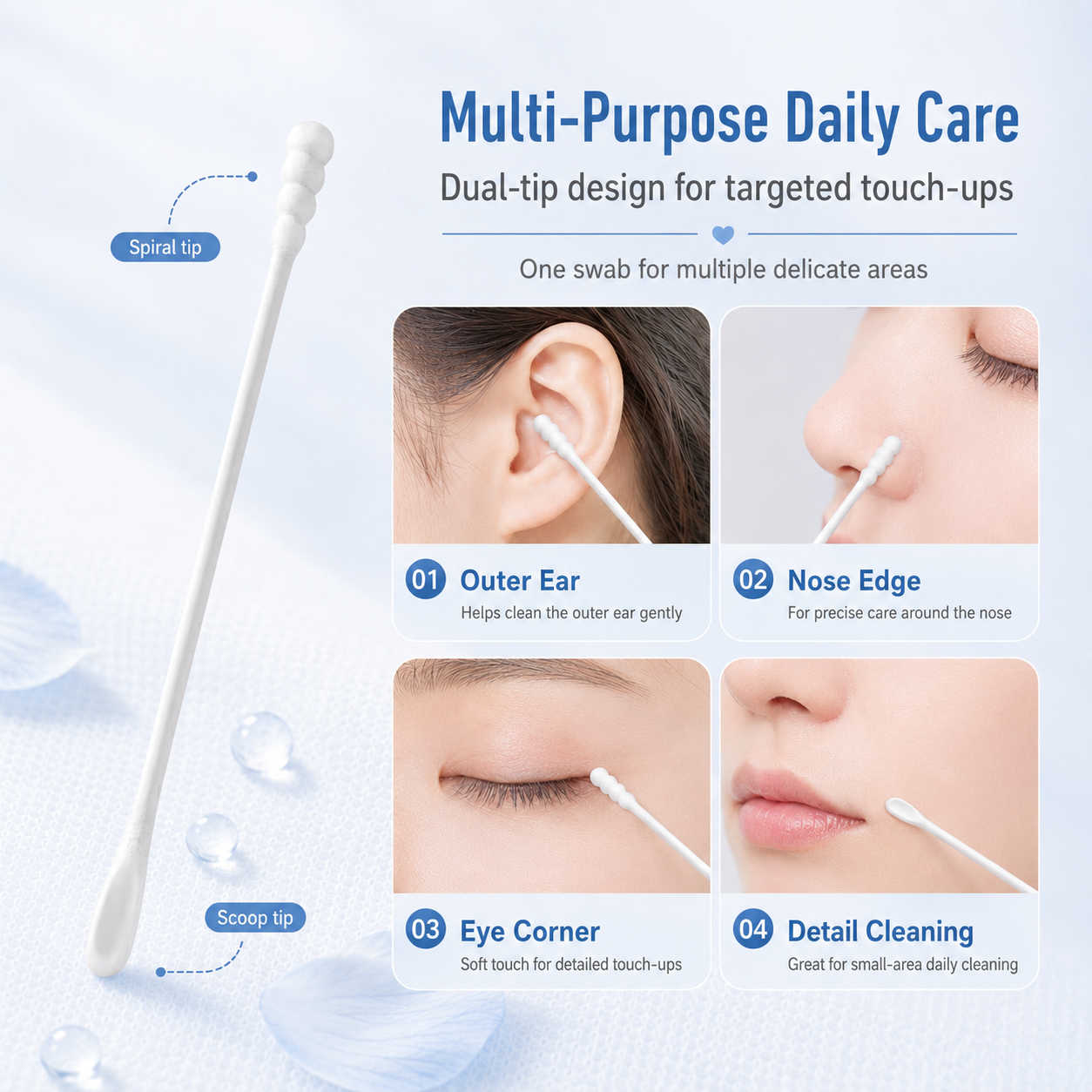 Baby 2-in-1 Dual Tip Cotton Swabs with Spiral Tip and Ear Scoop Tip, 7.8 cm - product in use for infant oral care