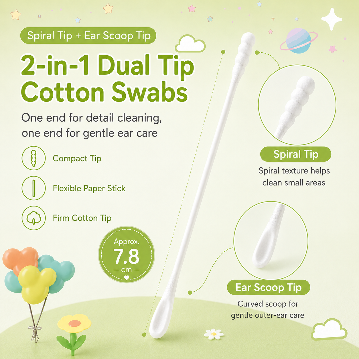 Baby Sailing 2-in-1 Dual Tip Baby Cotton Swabs, Spiral and Ear Scoop Tips, 200 Count - gauze head close-up for gentle cleaning