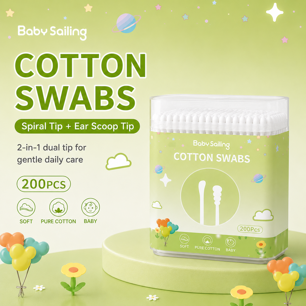 Baby Sailing 2-in-1 Dual Tip Baby Cotton Swabs, Spiral and Ear Scoop Tips, 200 Count - Wholesale OEM Ready