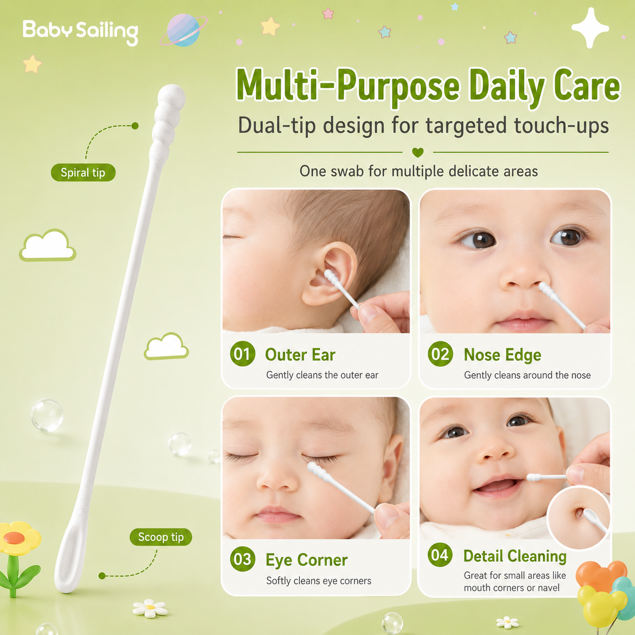 Baby Sailing 2-in-1 Dual Tip Baby Cotton Swabs, Spiral and Ear Scoop Tips, 200 Count - reinforced handle detail