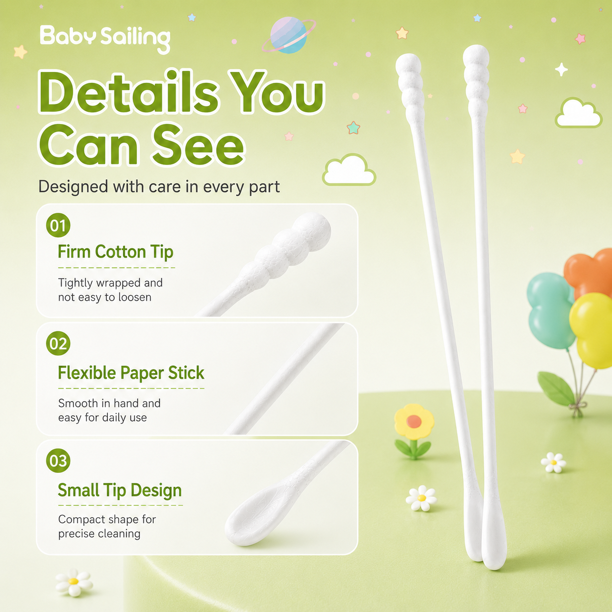 Baby Sailing 2-in-1 Dual Tip Baby Cotton Swabs, Spiral and Ear Scoop Tips, 200 Count - private label packaging mockup