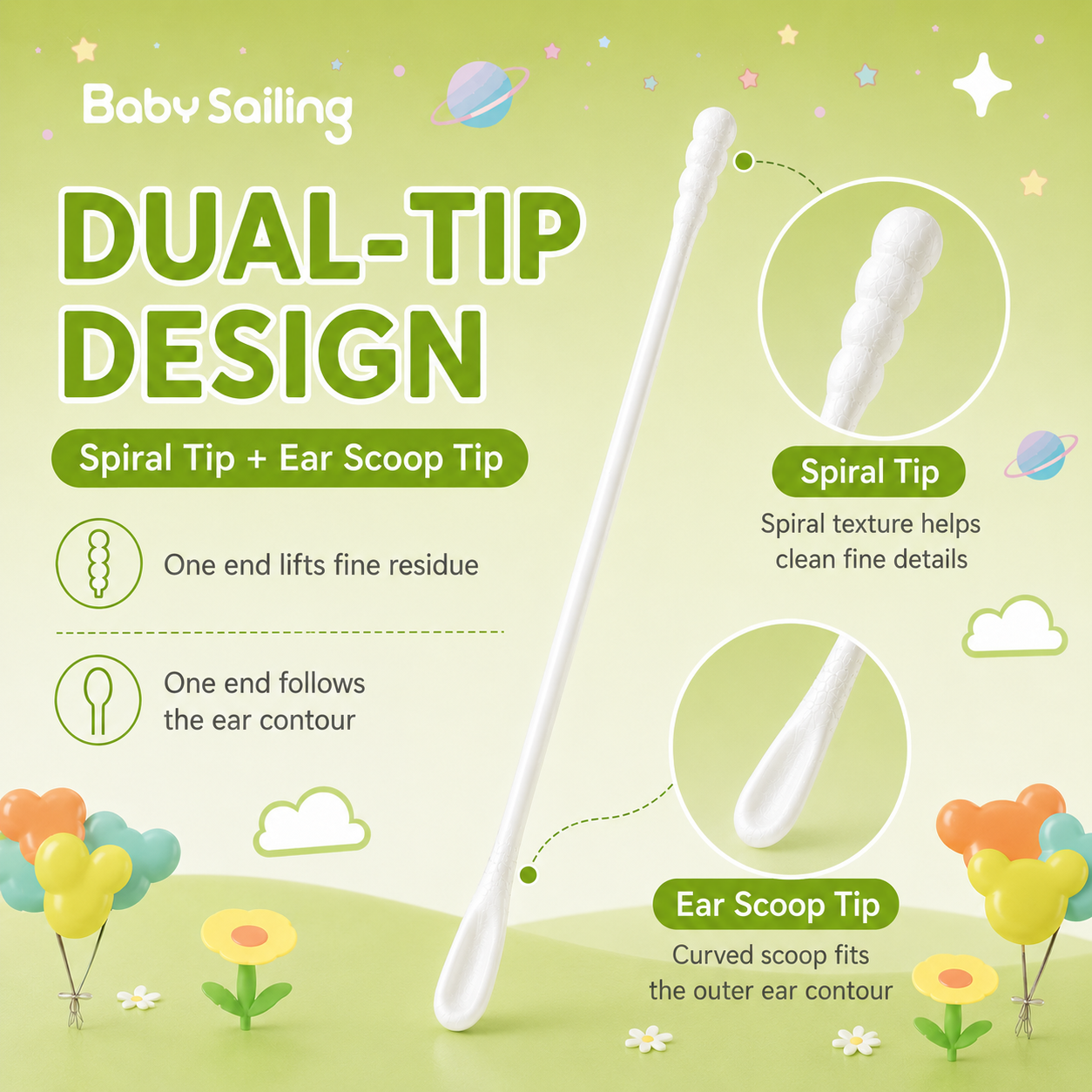 Baby Sailing 2-in-1 Dual Tip Baby Cotton Swabs, Spiral and Ear Scoop Tips, 200 Count - product in use for infant oral care